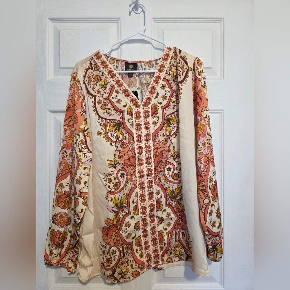 JM Collection Paisley V-Neck Blouse - Cream and Orange
